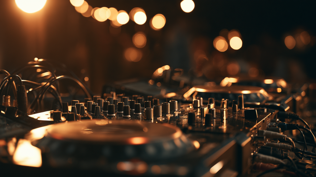 Consolă de mixaj DJ cu echipament de rezervă pentru nuntă, iluminat auriu, atmosferă elegantă