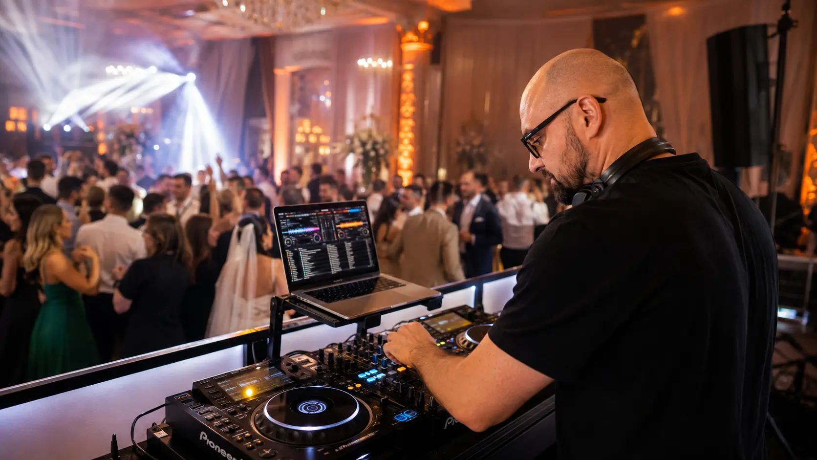 DJ profesionist mixând la o nuntă elegantă, cu invitați dansând în fundal