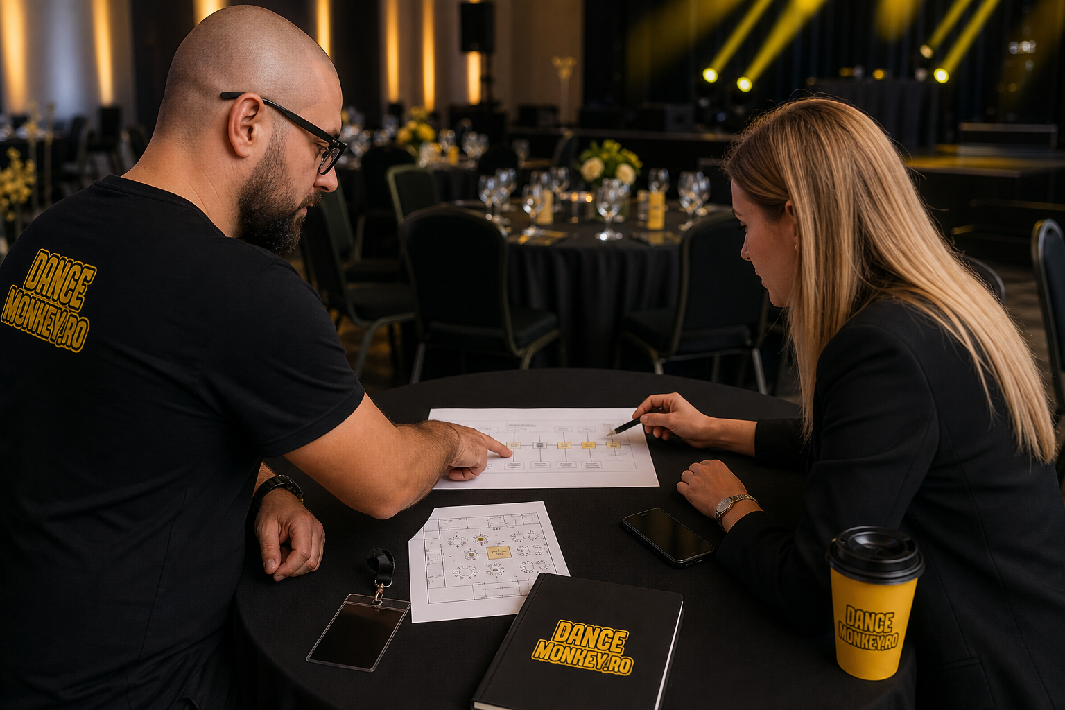 Event manager și DJ discută agenda și etapele muzicale înaintea unui eveniment corporate.