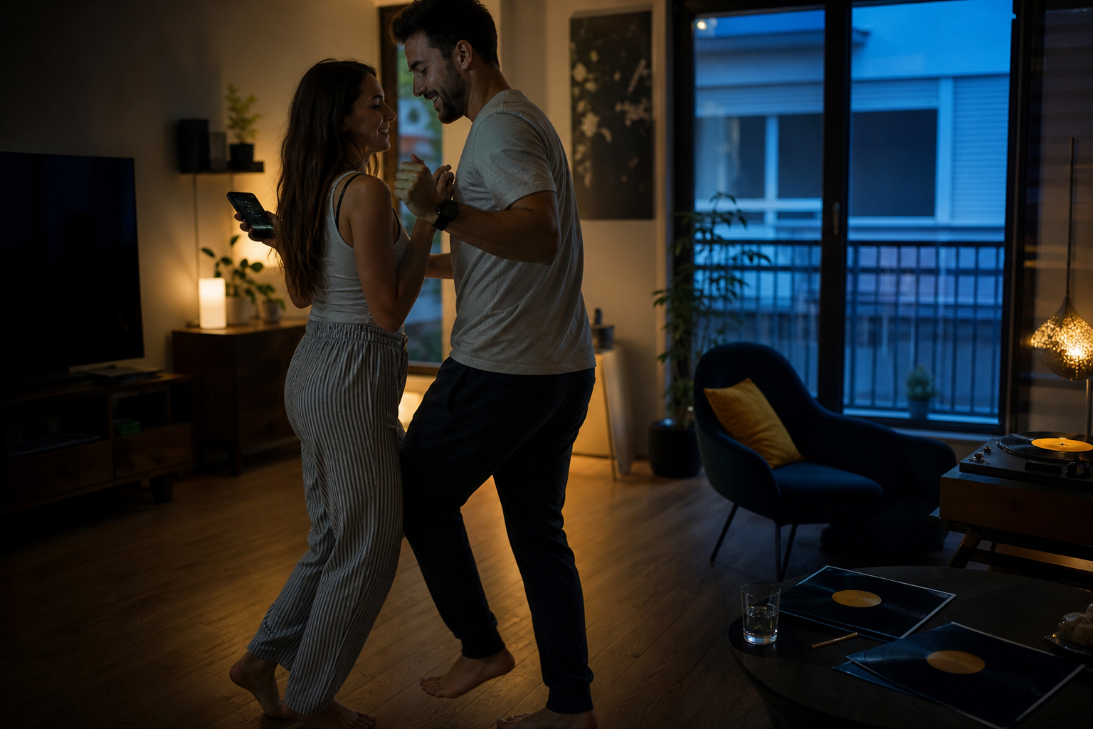 Doi viitori miri dansează relaxat acasă în timp ce aleg melodia pentru primul dans.