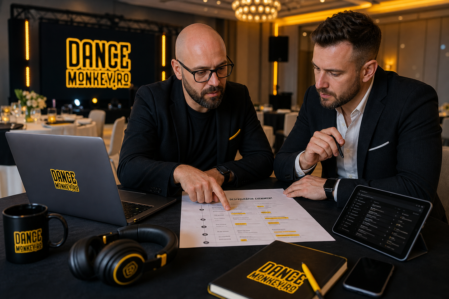 Event manager și DJ stabilesc desfășurătorul și momentele muzicale înaintea unei petreceri corporate.
