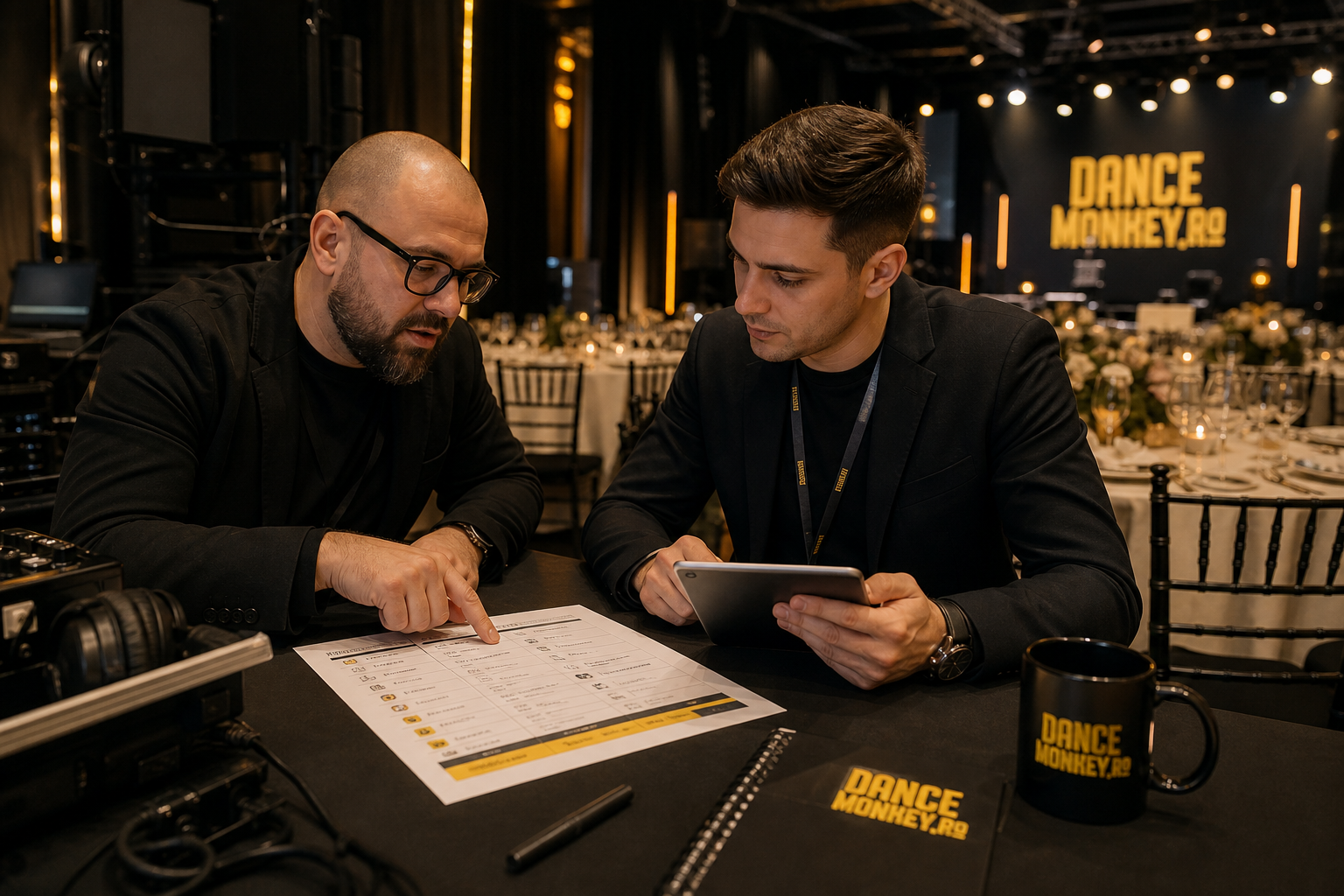 Event manager și DJ discută programul și direcția muzicală înaintea unui eveniment corporate.