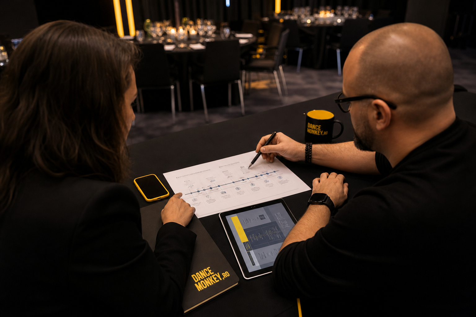 Event manager și DJ discută brief-ul muzical și programul unui eveniment corporate