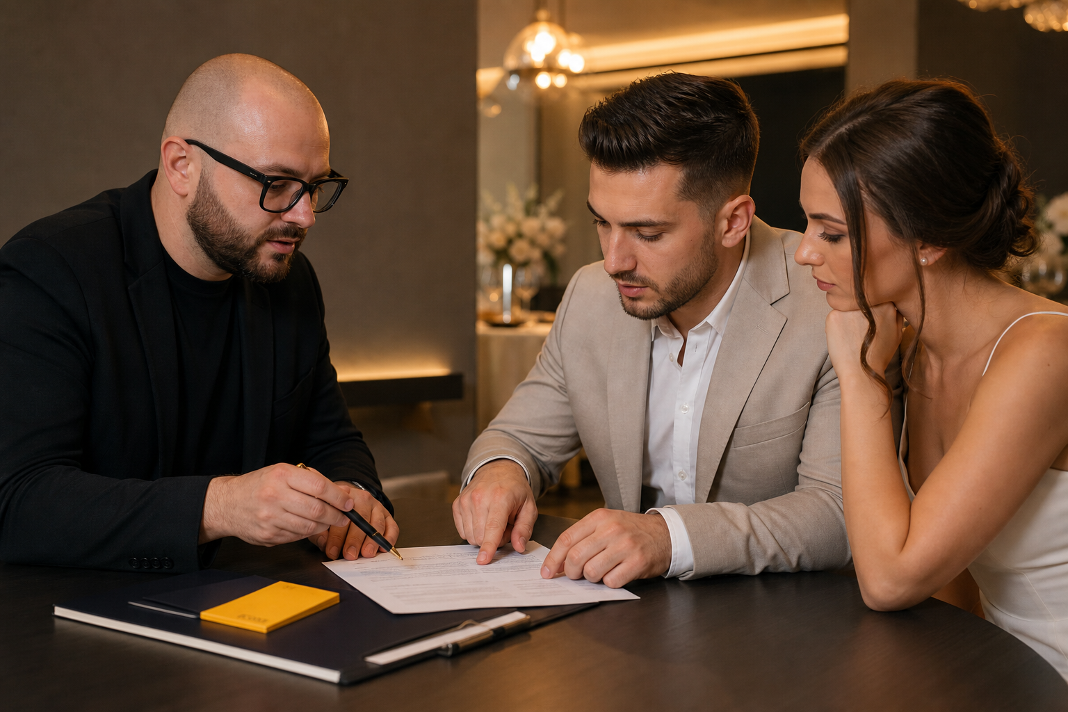 Miri discutând contractul și programul nunții cu DJ-ul înainte de confirmarea rezervării