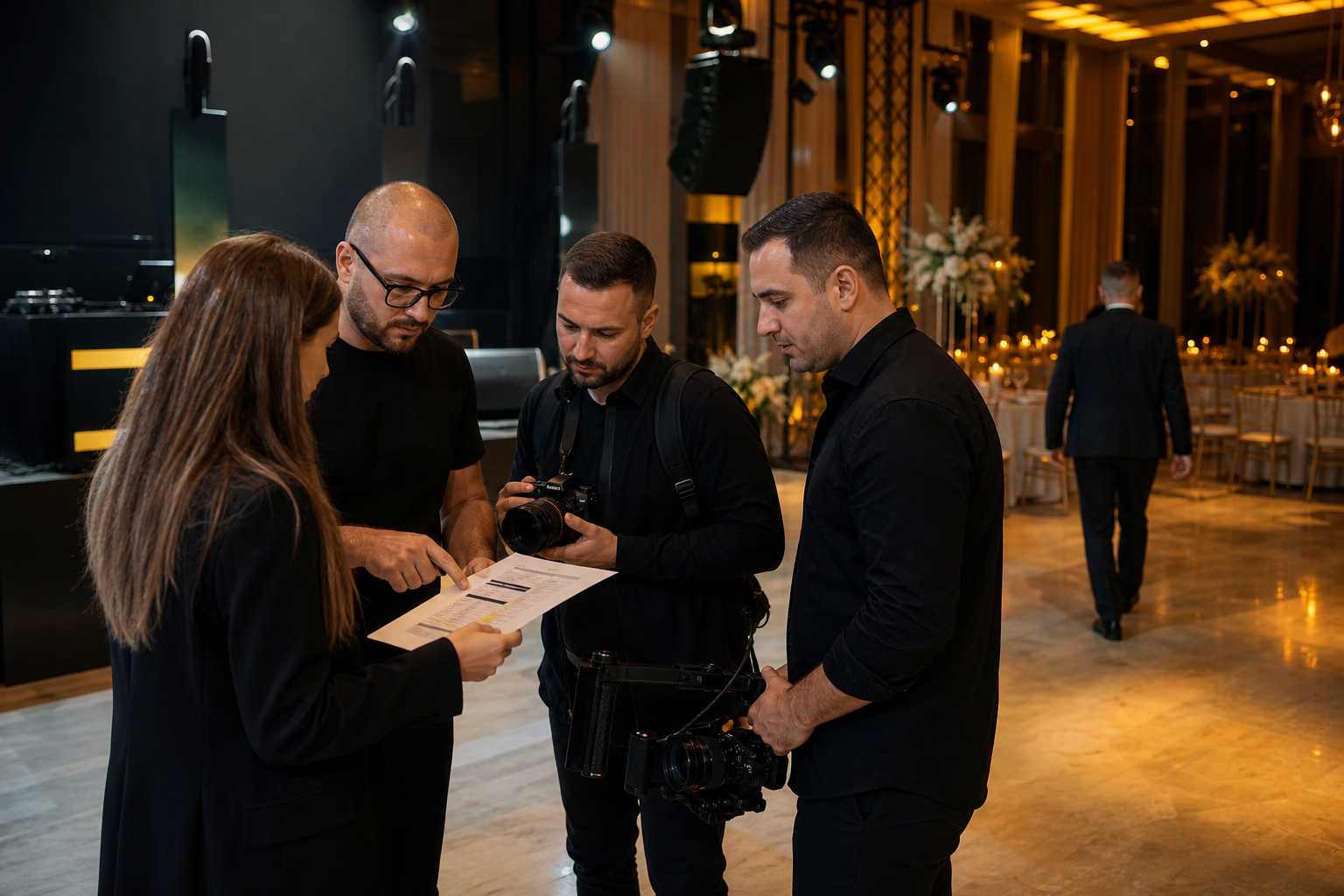 Plannerul, DJ-ul și echipa foto-video verifică programul înainte de începerea unei nunți.