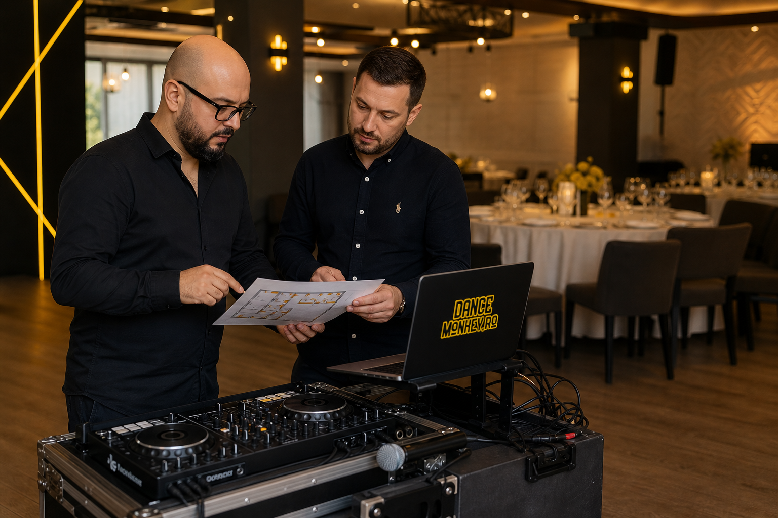 DJ și managerul locației verificând organizarea sălii înainte de botez