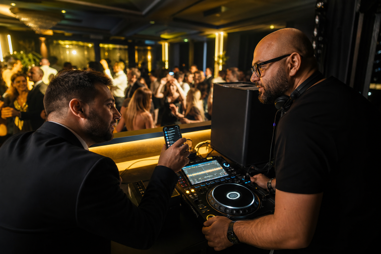 DJ ascultând cererea muzicală a unui invitat, în timp ce ringul de dans rămâne activ la nuntă.