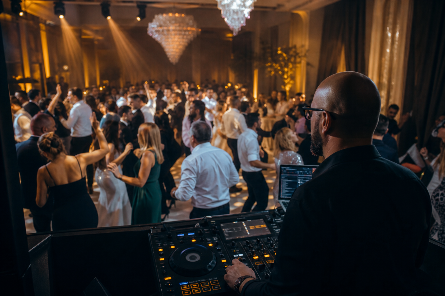 DJ urmărește reacțiile invitaților pe ringul de dans la o nuntă