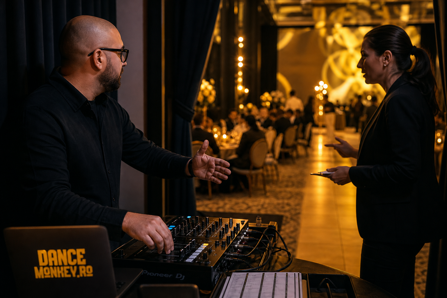 DJ și coordonator de eveniment pregătesc intrarea mirilor în sală.