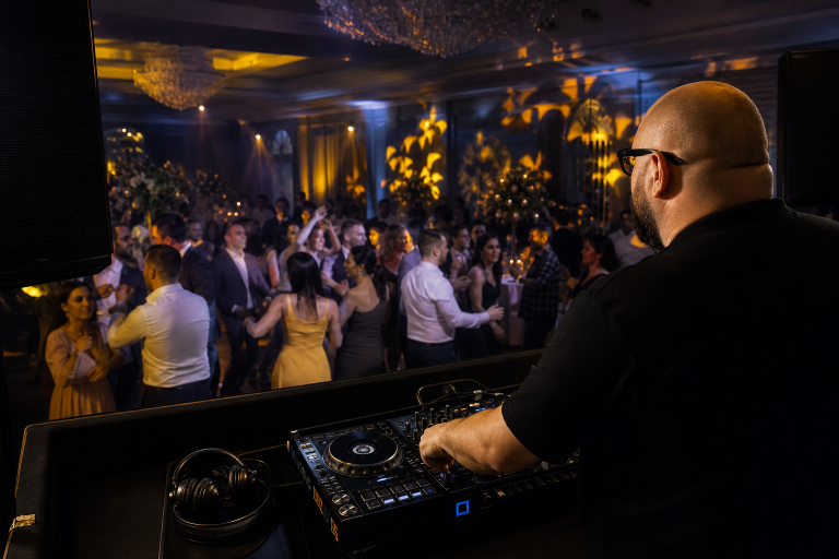 DJ urmărește ringul de dans și ajustează mixul live la o nuntă.