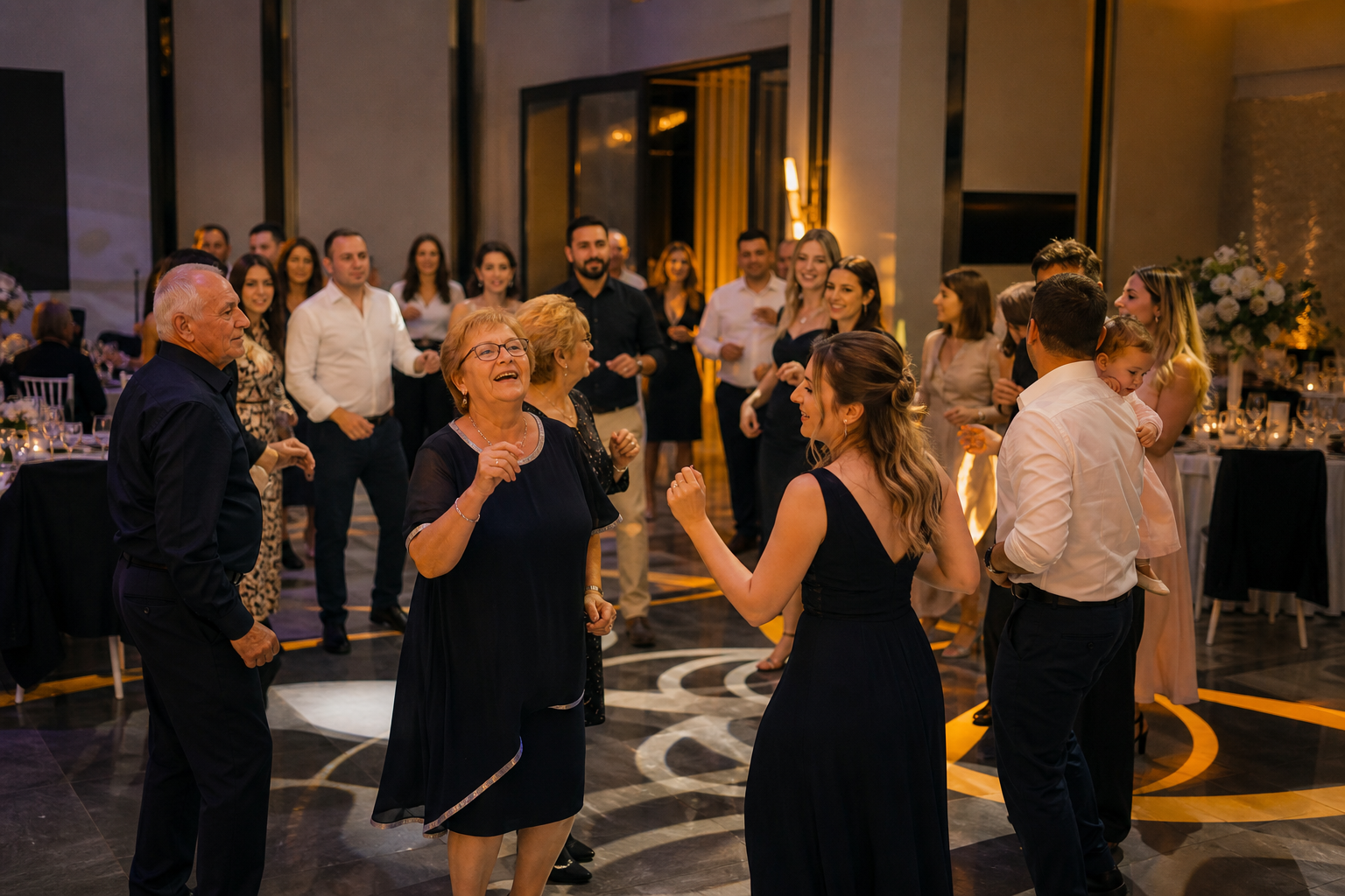 Invitați de vârste diferite dansează împreună la un botez într-un salon elegant.