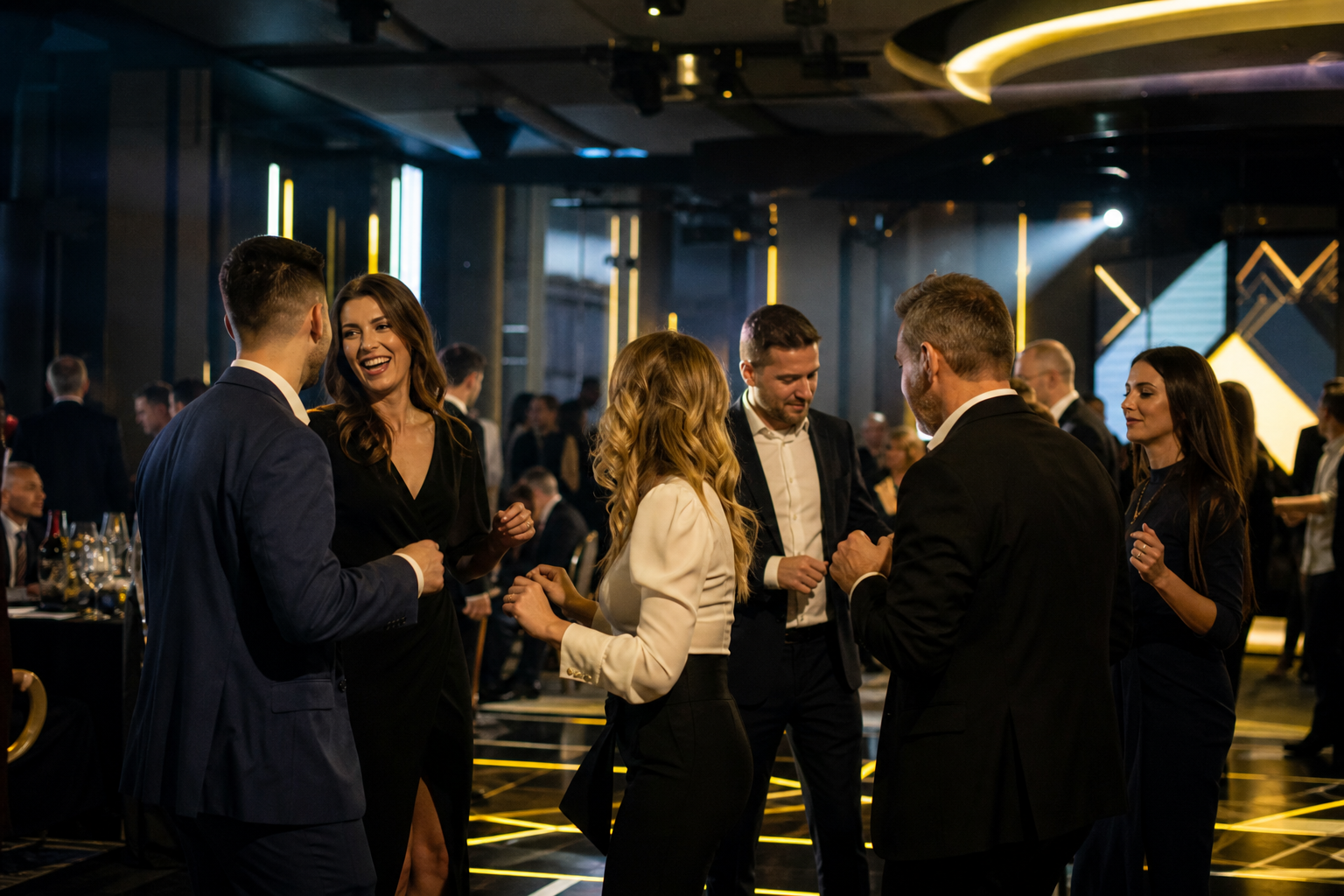 Angajați din generații diferite intră treptat pe ring la un eveniment corporate elegant