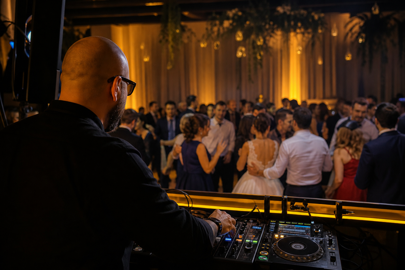 DJ urmărește ringul de dans și adaptează muzica la energia invitaților la nuntă.