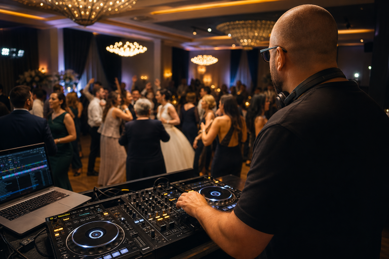 DJ urmărește ringul de dans și adaptează muzica pentru invitații unei nunți.