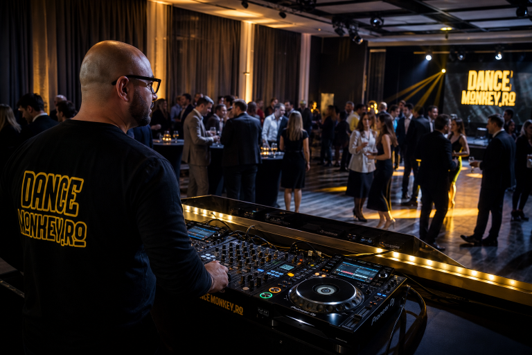DJ urmărește invitații și adaptează muzica în timpul unei petreceri corporate.