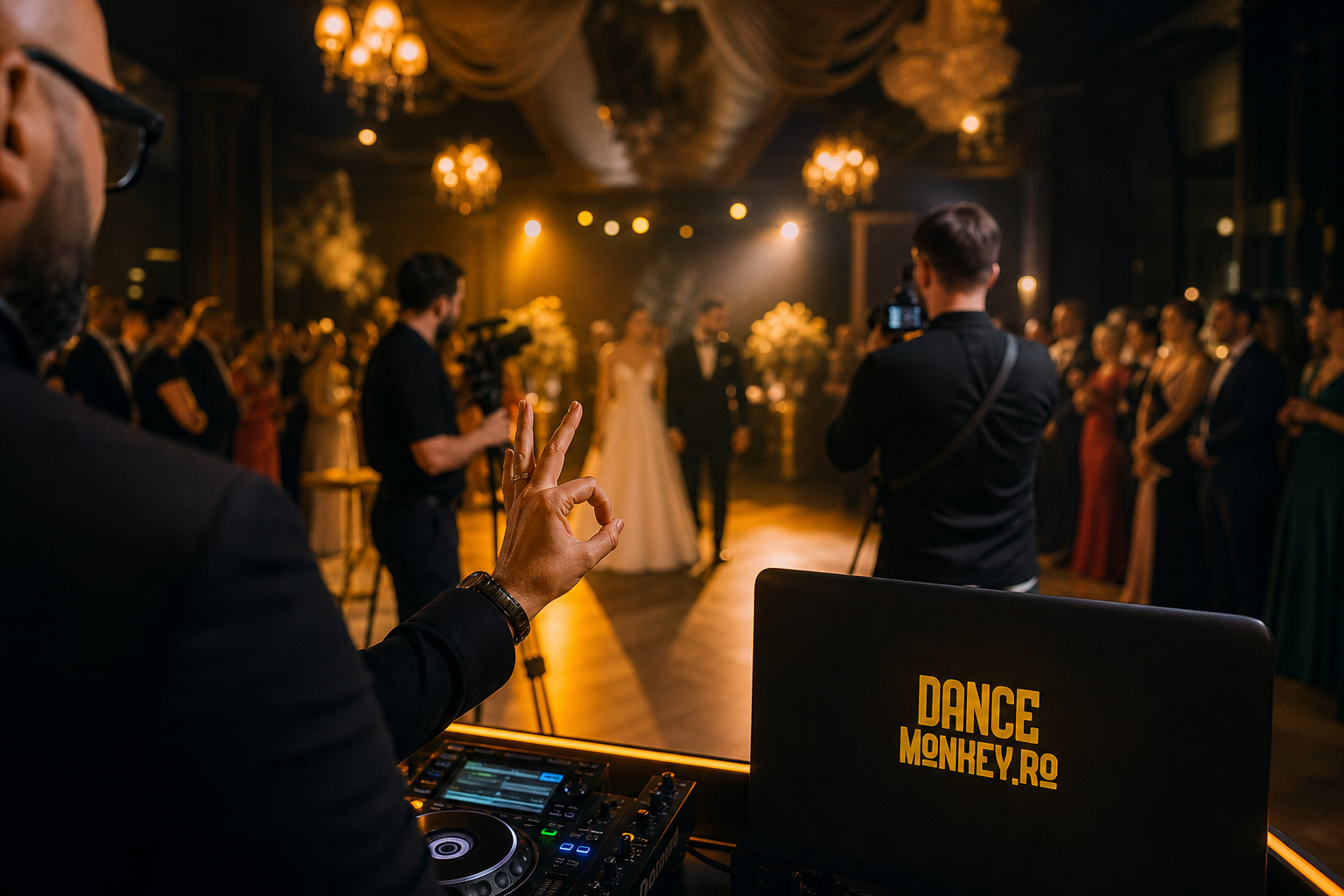 Semnal discret între planner, DJ și echipa foto-video înainte de primul dans al mirilor.
