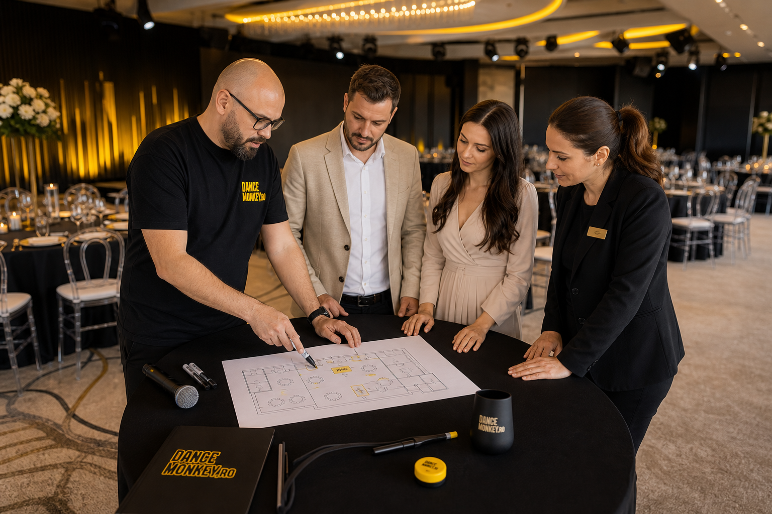 DJ-ul și mirii stabilesc în salon zonele pentru muzică, discursuri și ringul de dans.