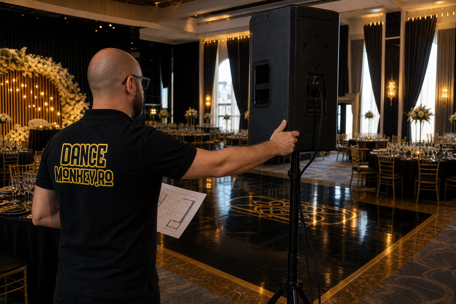 DJ verifică amplasarea boxei și planul unei săli de nuntă înainte de eveniment.