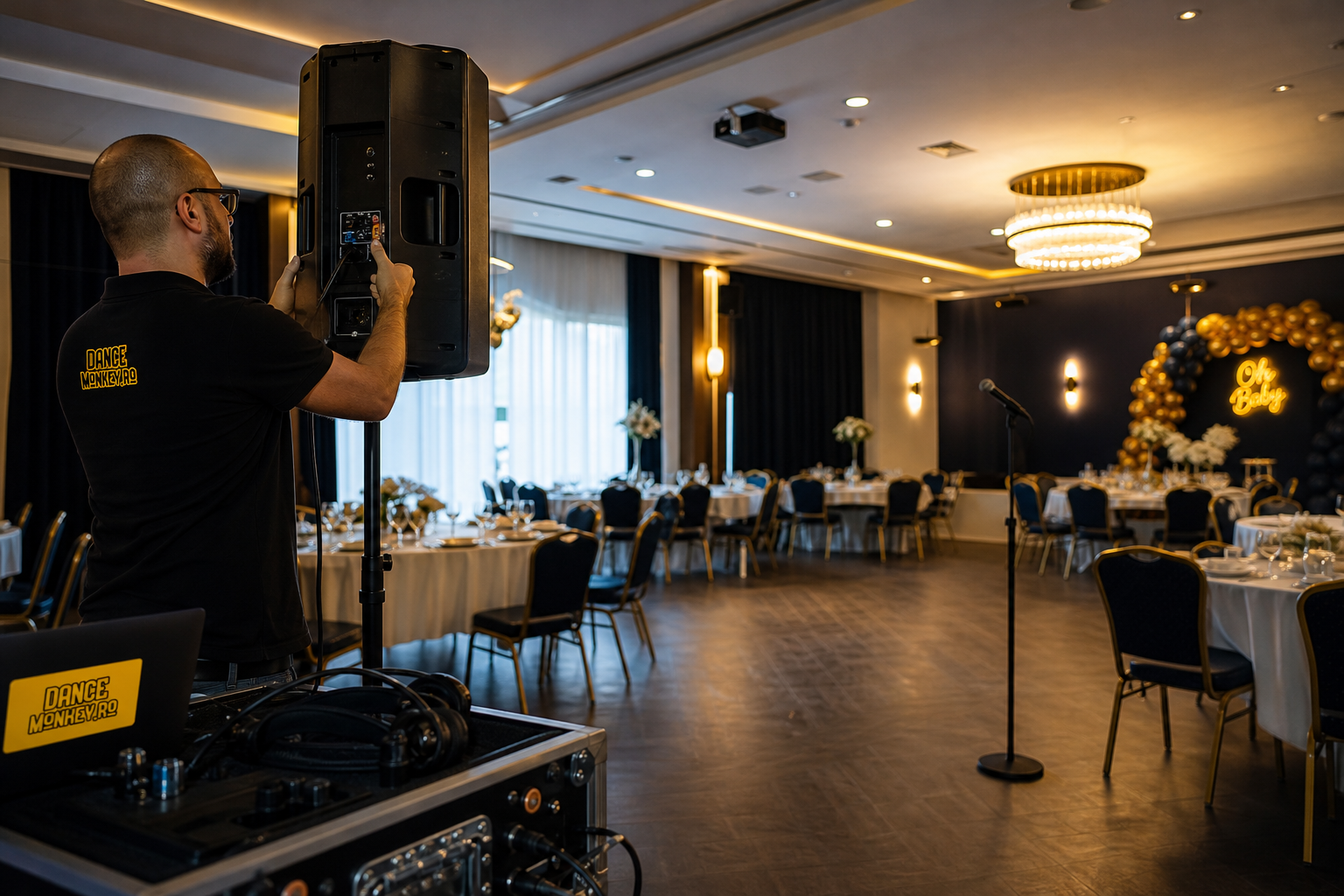 DJ verifică poziționarea unei boxe către ringul de dans într-un salon pregătit pentru botez.