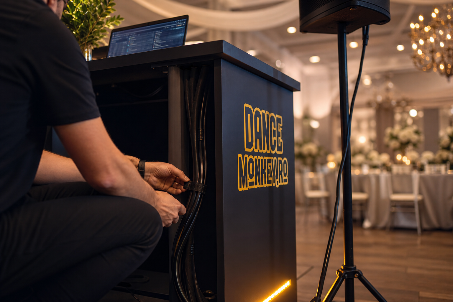 Cabluri mascate și echipamente DJ ordonate lângă un pupitru compact pregătit pentru nuntă.