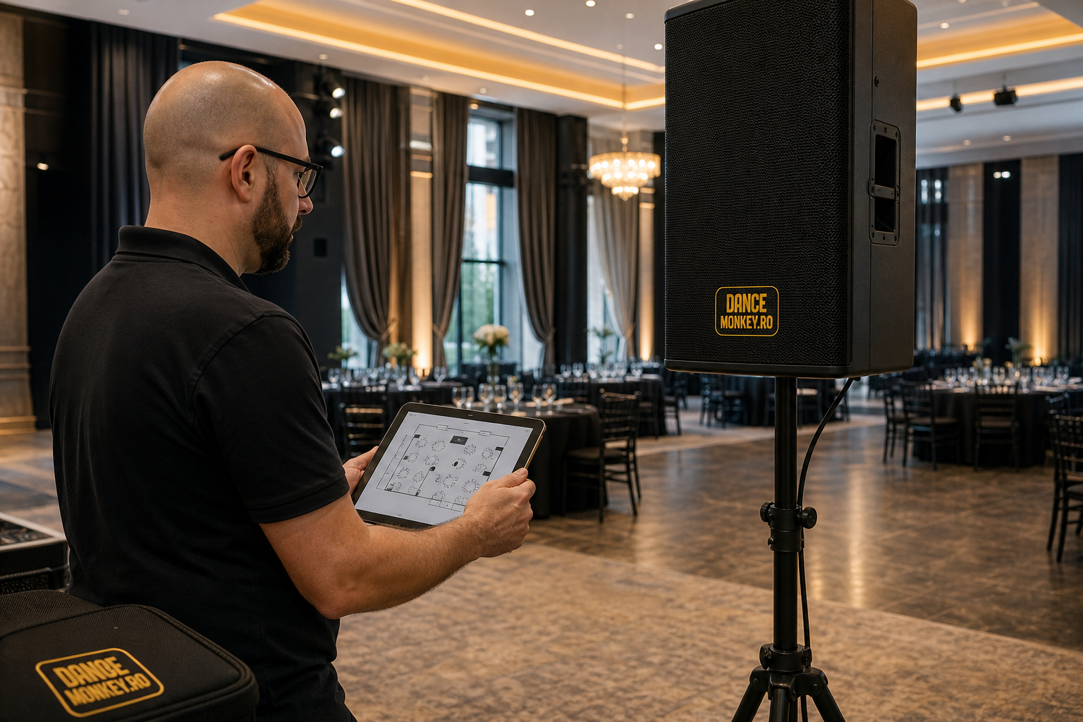 DJ verificând poziționarea boxei și configurația sălii înaintea unei nunți.