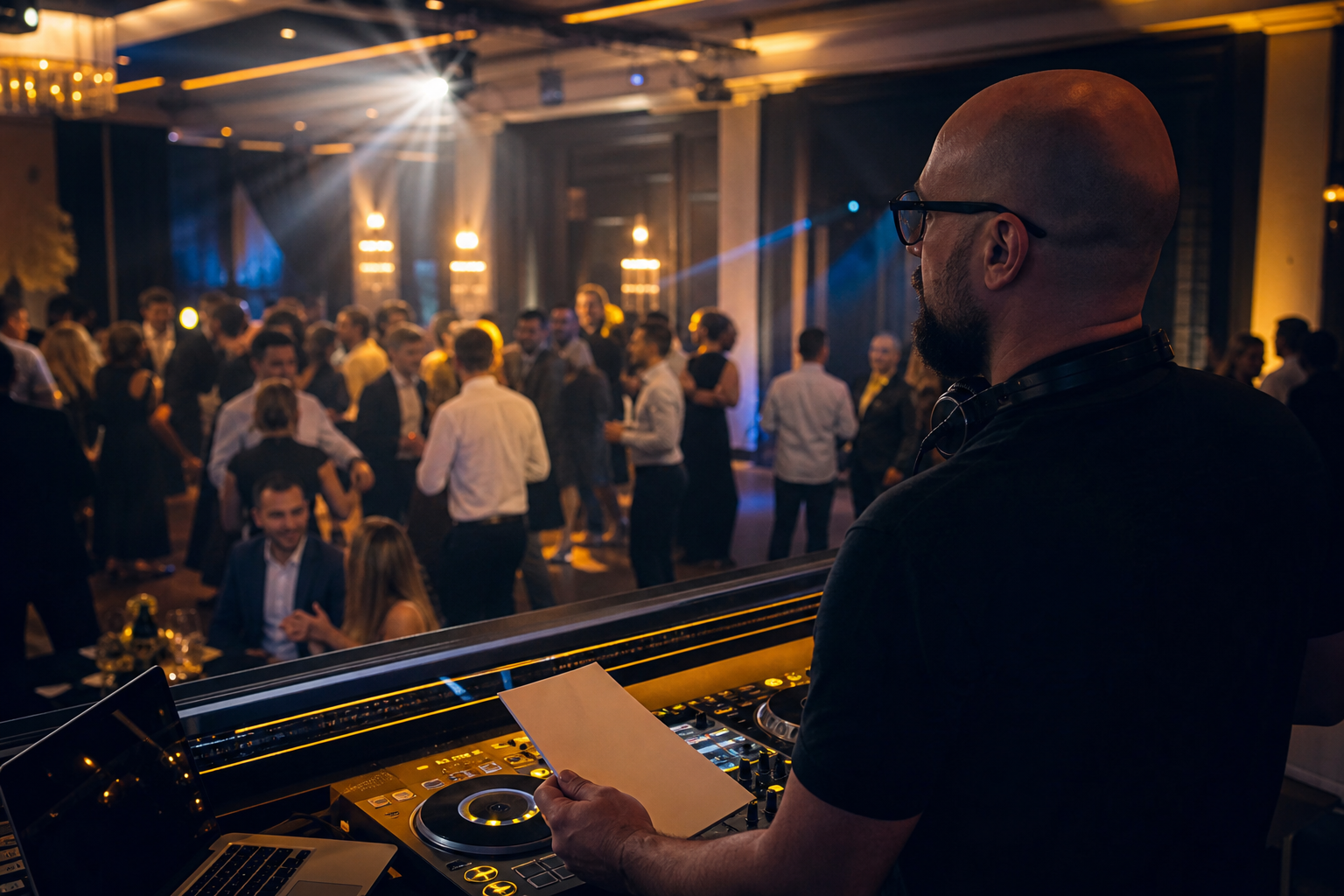 DJ urmărește reacția invitaților la o petrecere corporate și integrează cererile muzicale în ritmul serii.