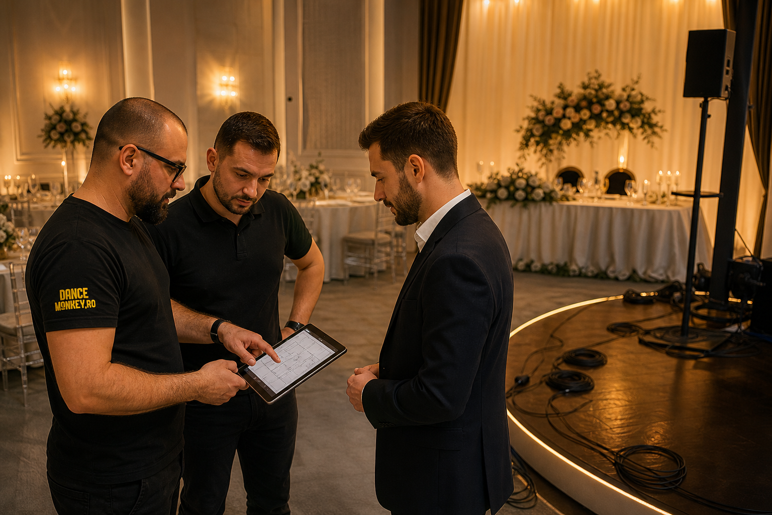 DJ-ul și echipa locației coordonează amplasarea luminilor într-o sală de nuntă înainte de eveniment.