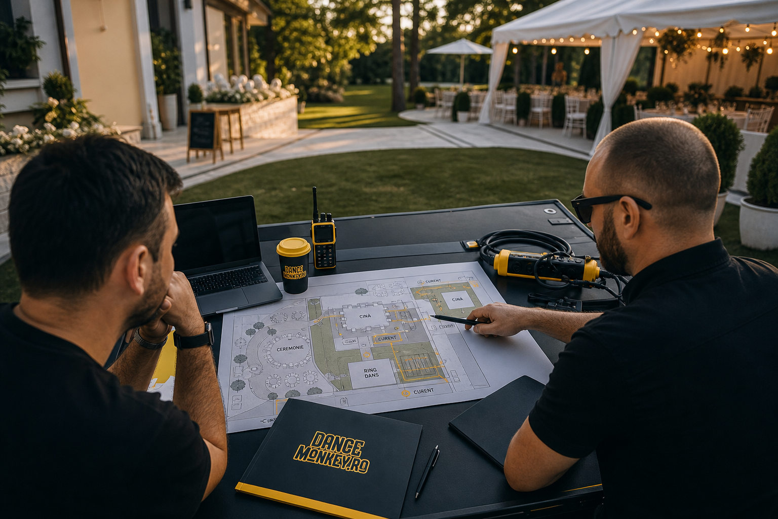 DJ și coordonator analizând planul unei locații outdoor pentru zonele de ceremonie, cină și dans.