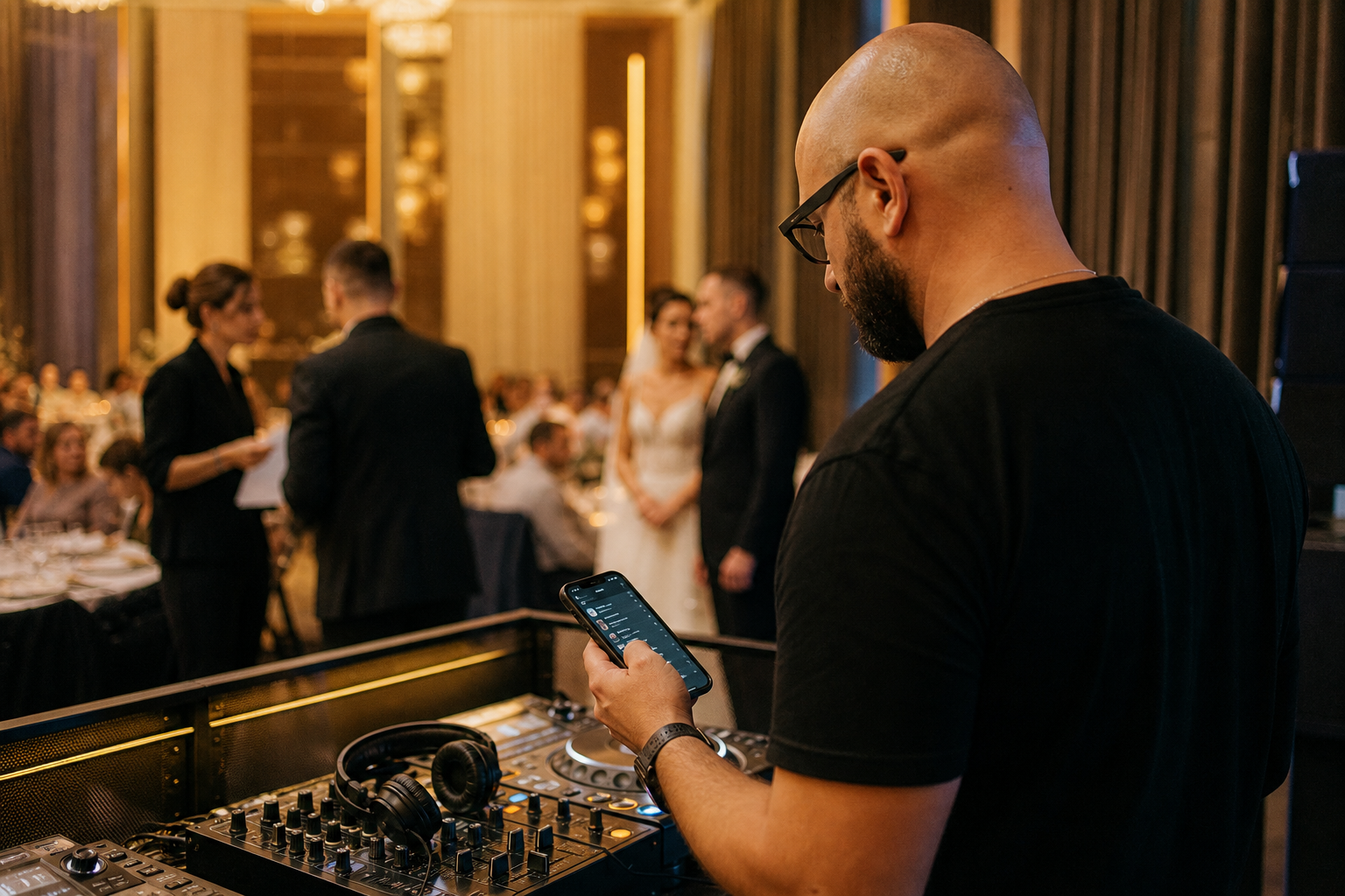 DJ verifică programul nunții înaintea unui moment coordonat cu echipa locației.