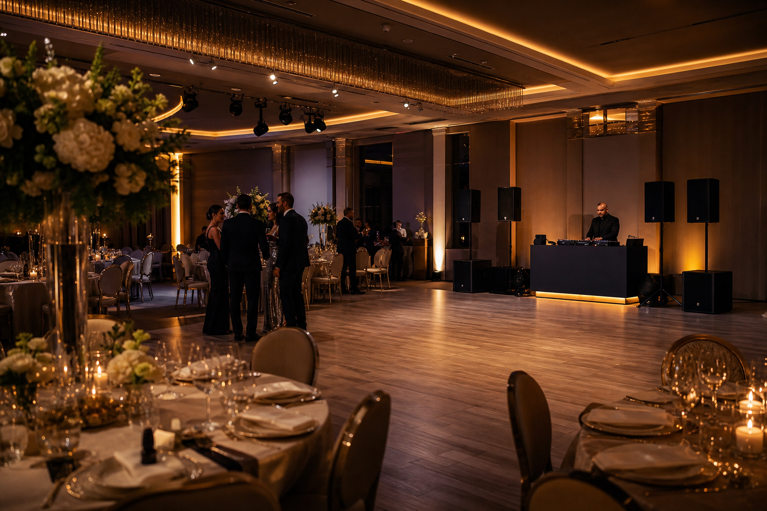 Salon de nuntă elegant cu ring de dans aerisit și setup DJ compact, integrat discret în decor.