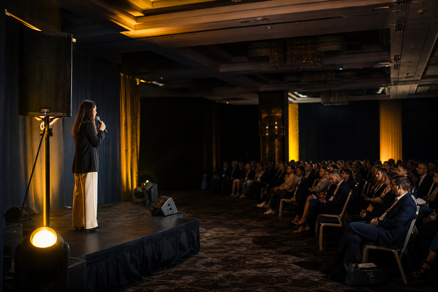 Prezentatoare pe scena unui eveniment corporate, auzită clar de invitații din sală