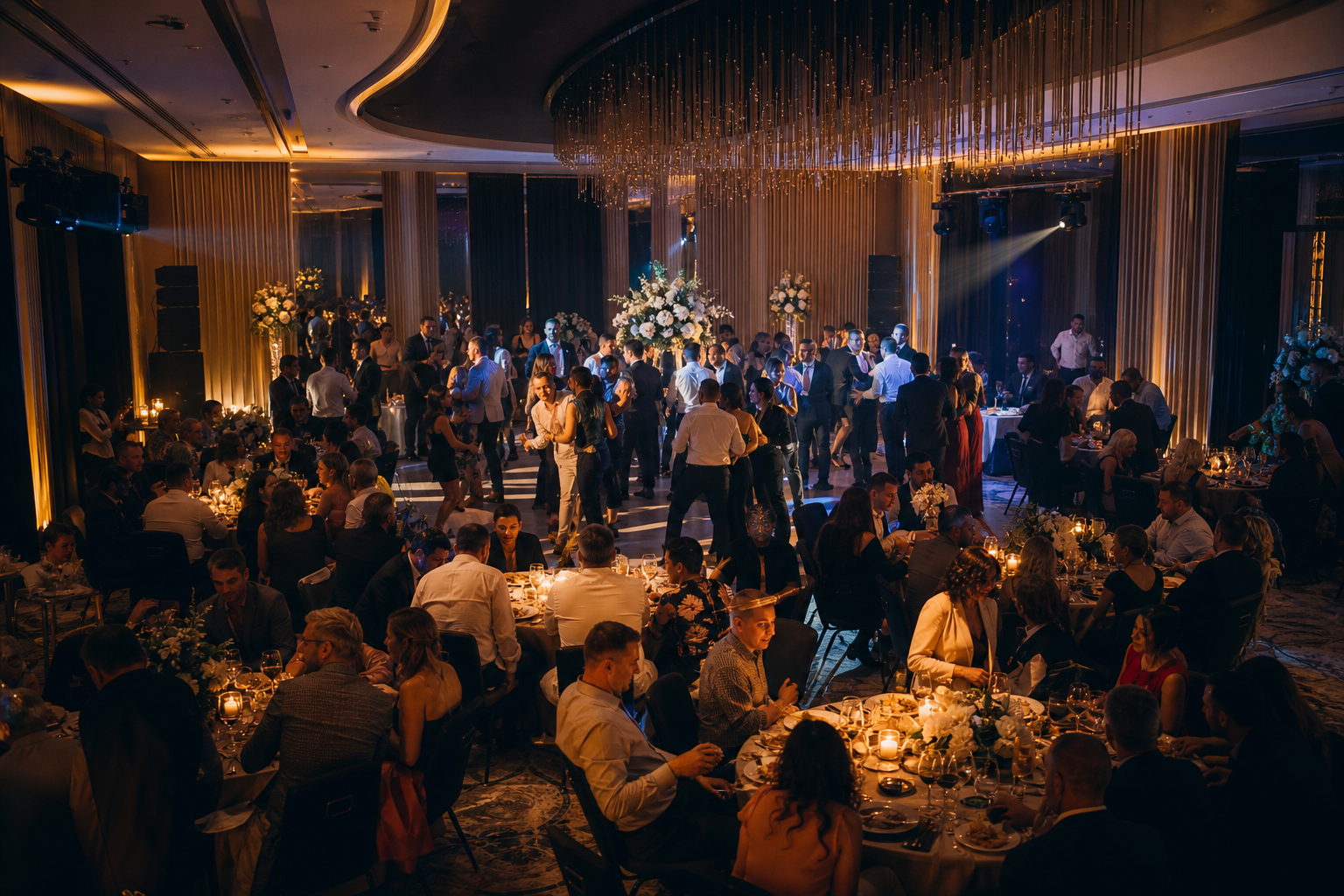 Invitați care dansează și discută la mese într-o sală de nuntă cu sonorizare echilibrată