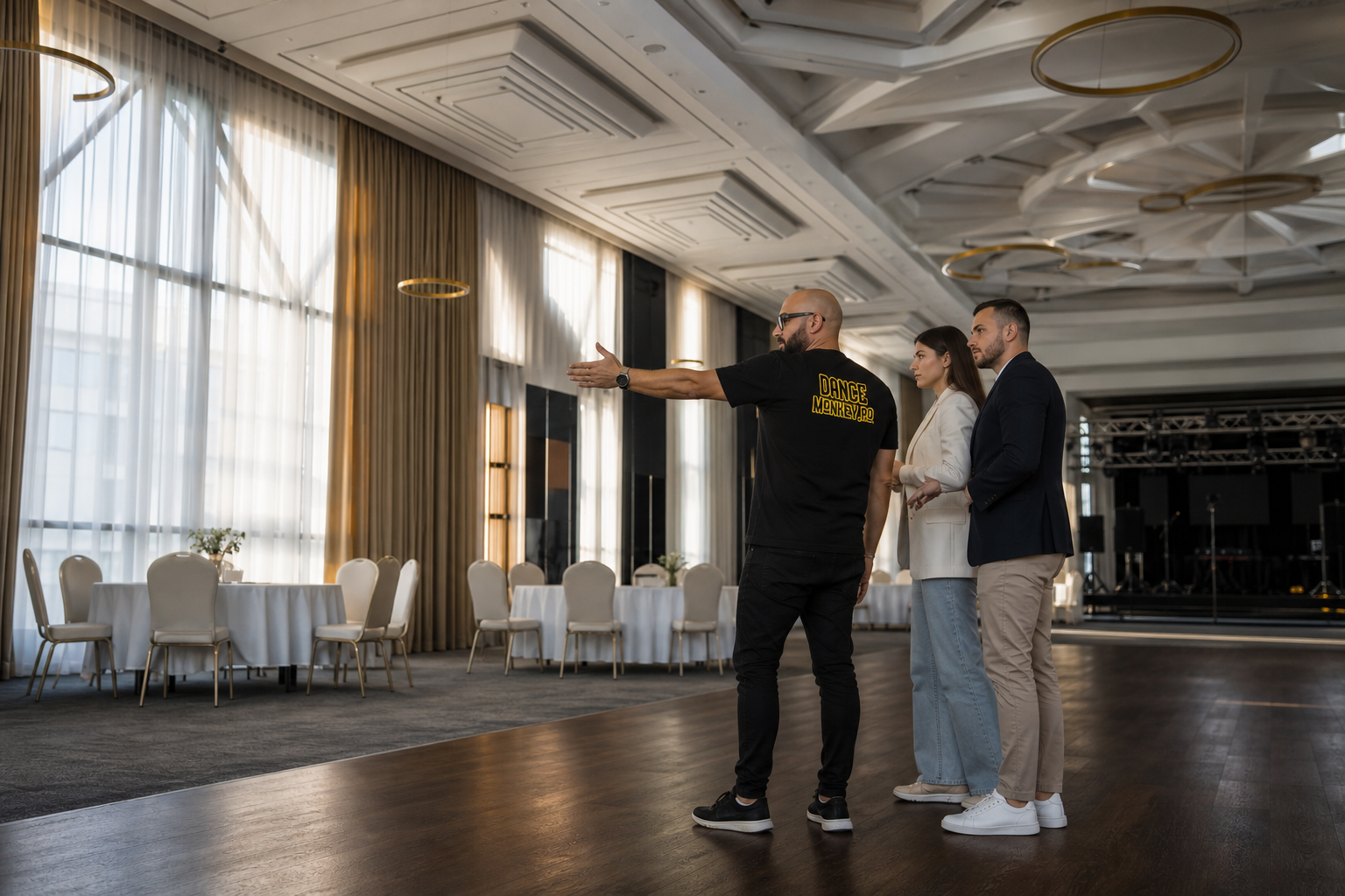 Cuplu și DJ analizând poziția ringului de dans și caracteristicile unei săli de nuntă înainte de eveniment.
